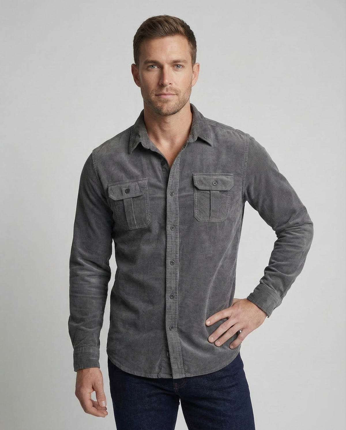 Men's grey long-sleeve corduroy utility shirt with spread collar, button front, chest pockets