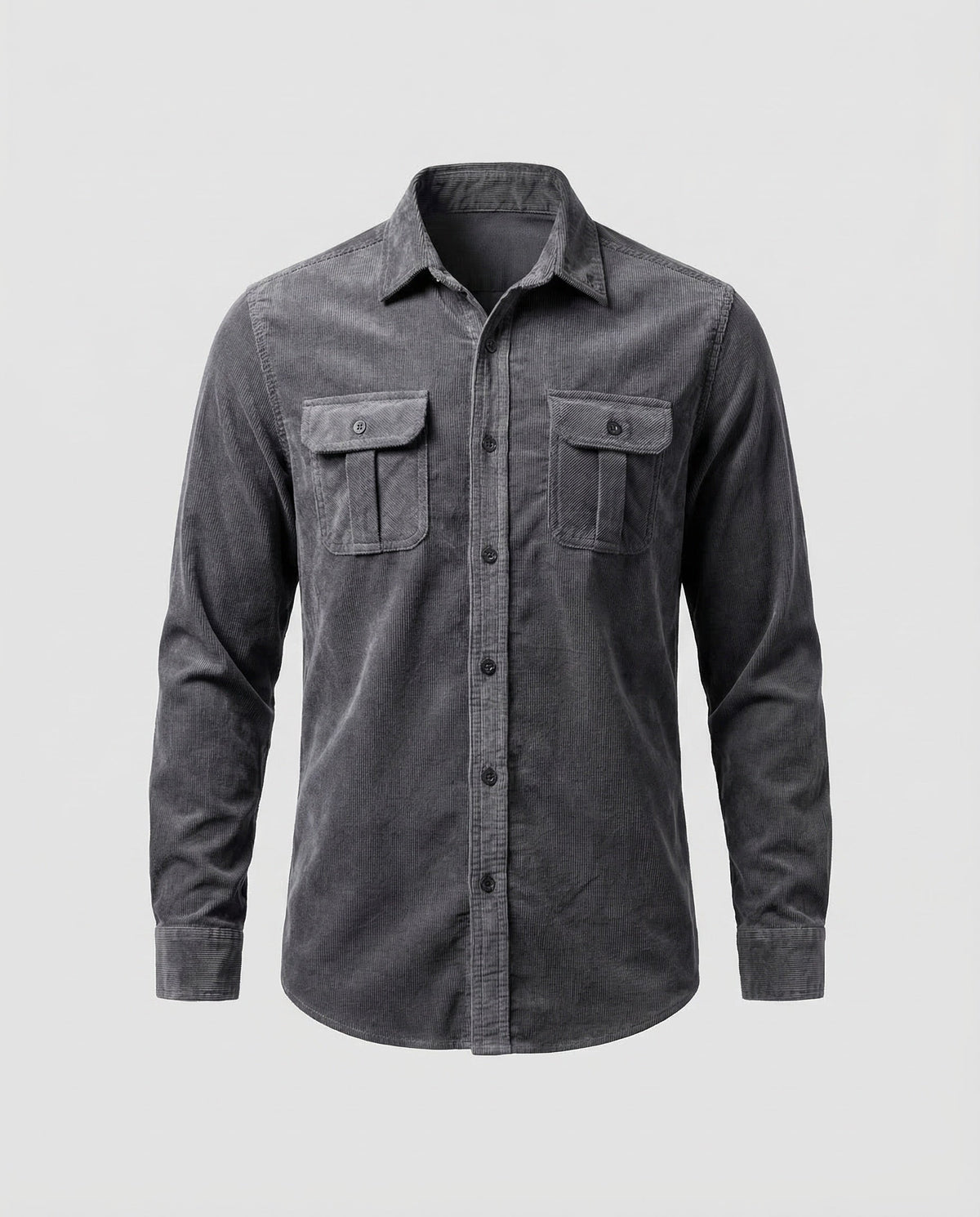 Men's grey long-sleeve corduroy utility shirt, button front with two chest flap pockets