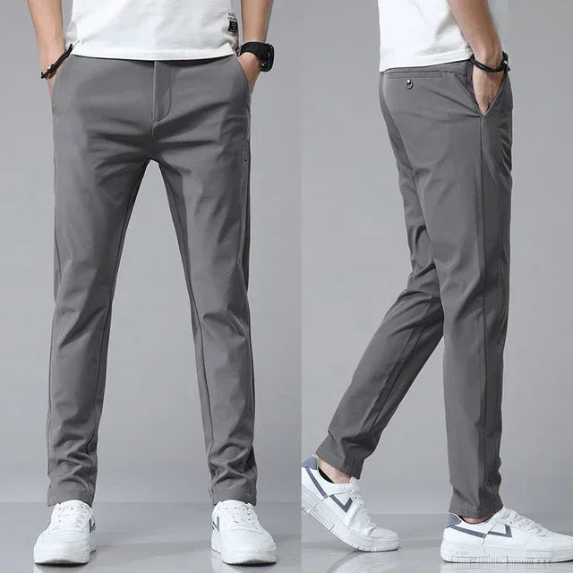 Slim-fit medium gray pants with tapered legs and side pocket