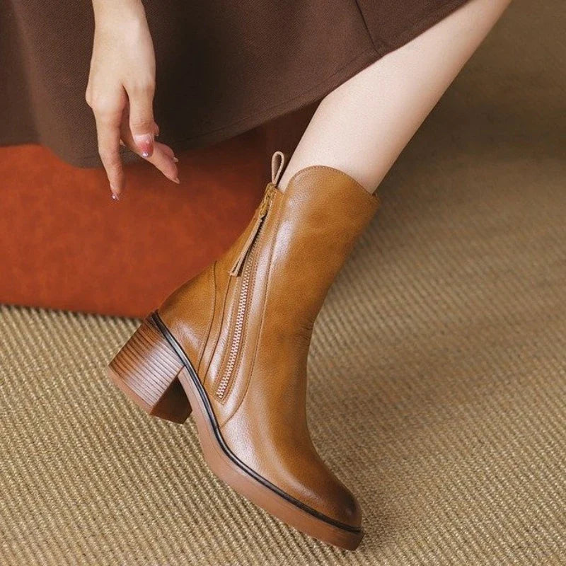 Brown leather ankle boots with side zipper and tassel ties, block heel
