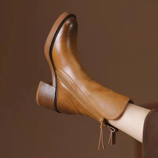 Brown leather ankle boots with side zipper and stacked block heel