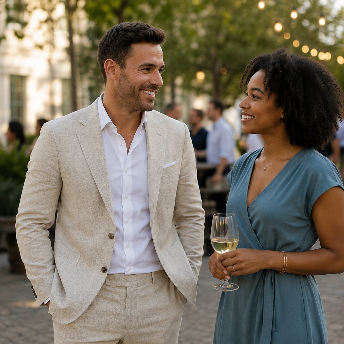 Men's linen-look suit set in beige: tailored blazer and trousers with white shirt