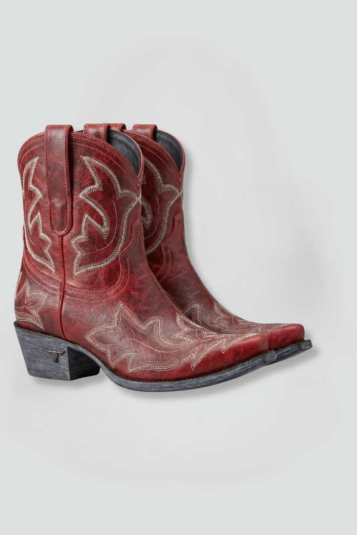 Women’s embroidered ankle boots in red-brown leather, decorative stitch panels