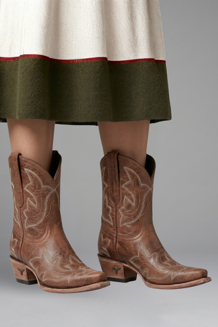 Women’s embroidered ankle boots in tan-brown leather with decorative stitch, low heel