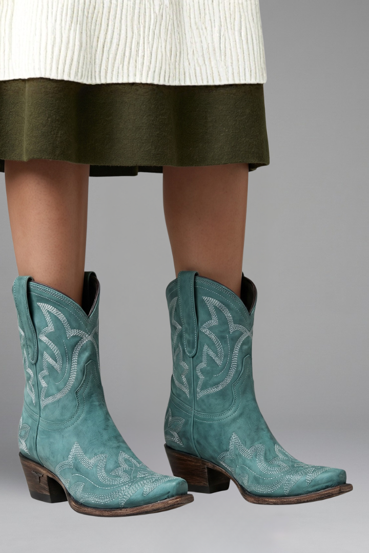 Women’s embroidered ankle boots in turquoise teal leather with stitched decorative motifs