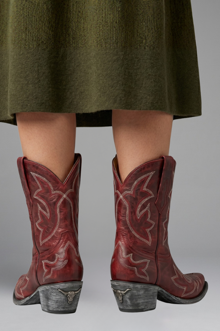 Women’s embroidered ankle boots in red-brown leather with low stacked heel, rear view