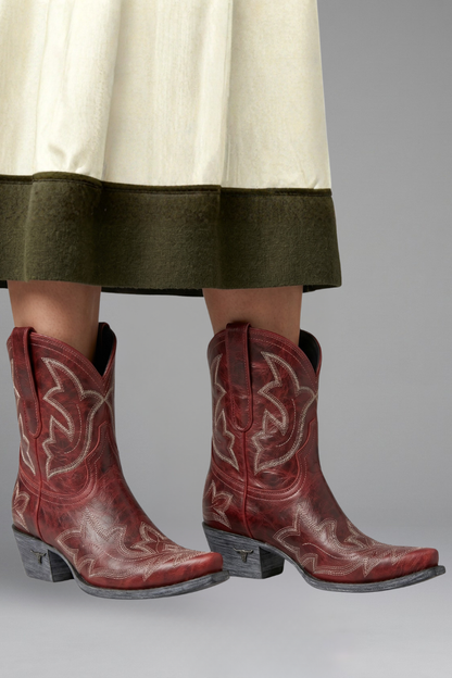 Women’s embroidered ankle boots in red-brown leather, side view with stitched motifs
