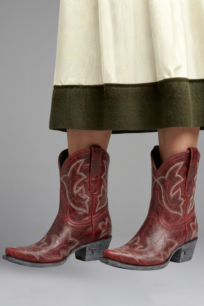 Women’s embroidered ankle boots in red-brown leather, front view with stitched motifs