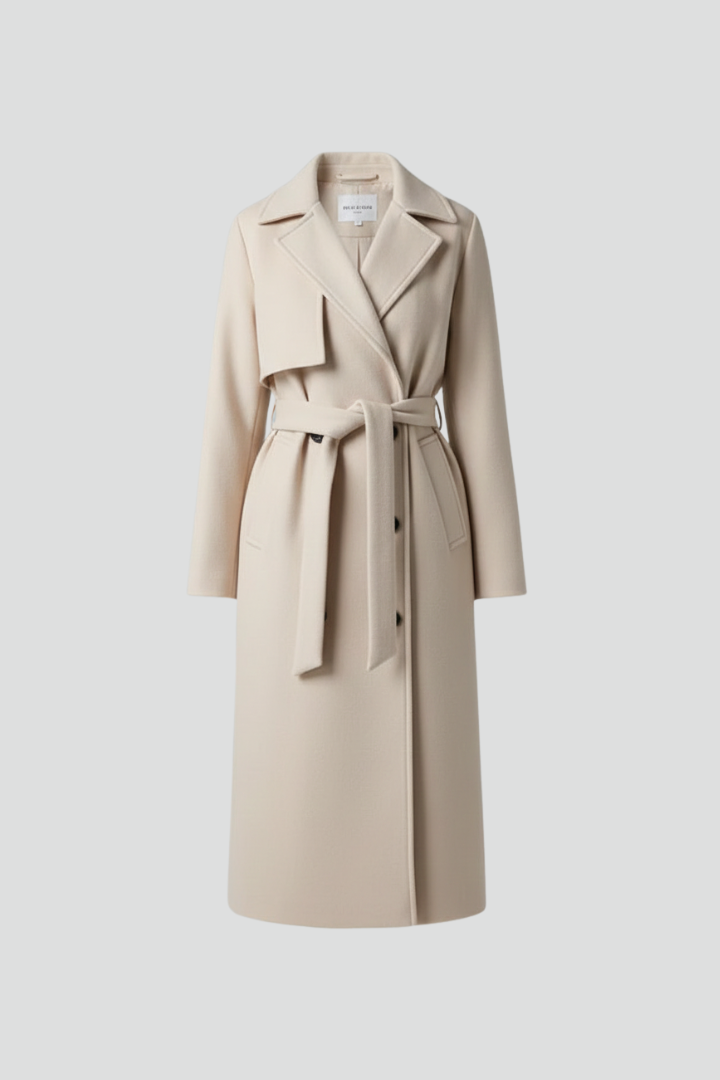 Women’s long cream coat with belt, notched lapels, and double-breasted button front