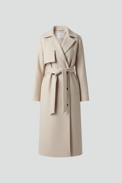 Women’s long cream coat with belt, notched lapels, and double-breasted button front