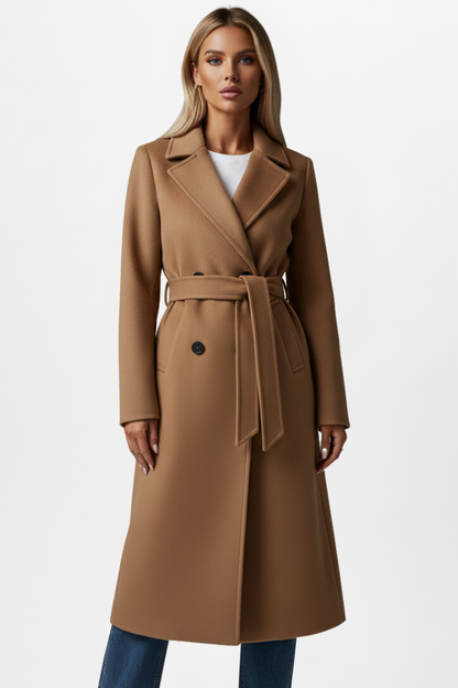 Women’s long camel coat with belt tie and double-breasted button front