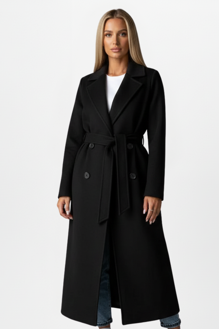 Women’s long black coat with waist belt and double-breasted button front