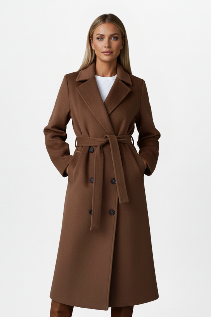 Women’s long chocolate brown coat with belt tie and double-breasted button front