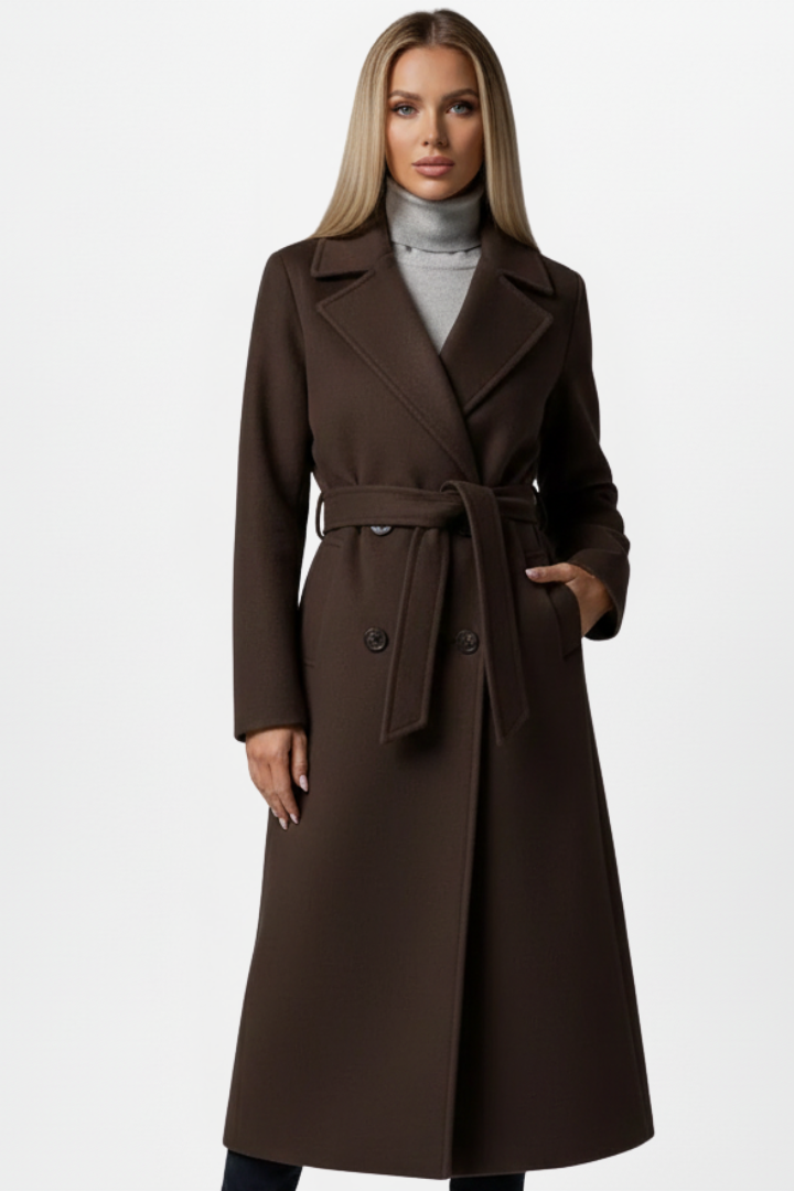 Women’s long dark brown coat with belt and double-breasted button front, notched lapels