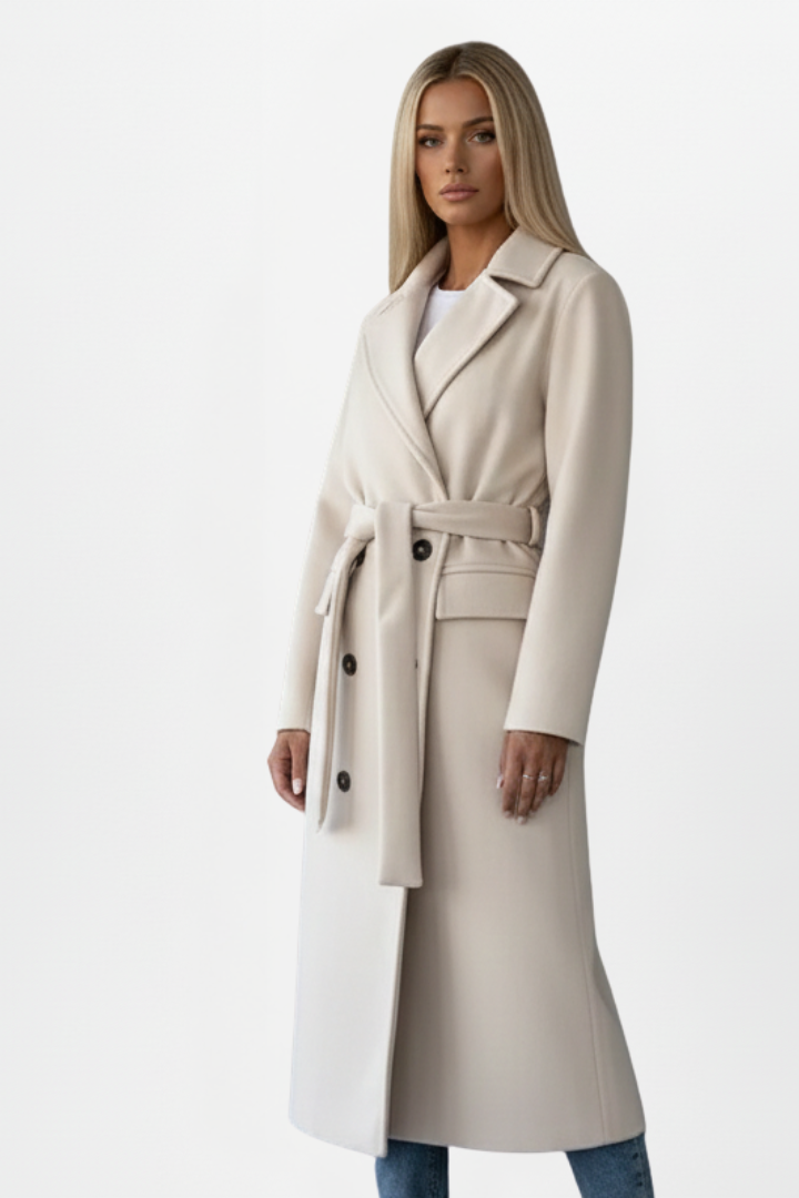 Women’s long light beige coat with belt tie and double-breasted button front