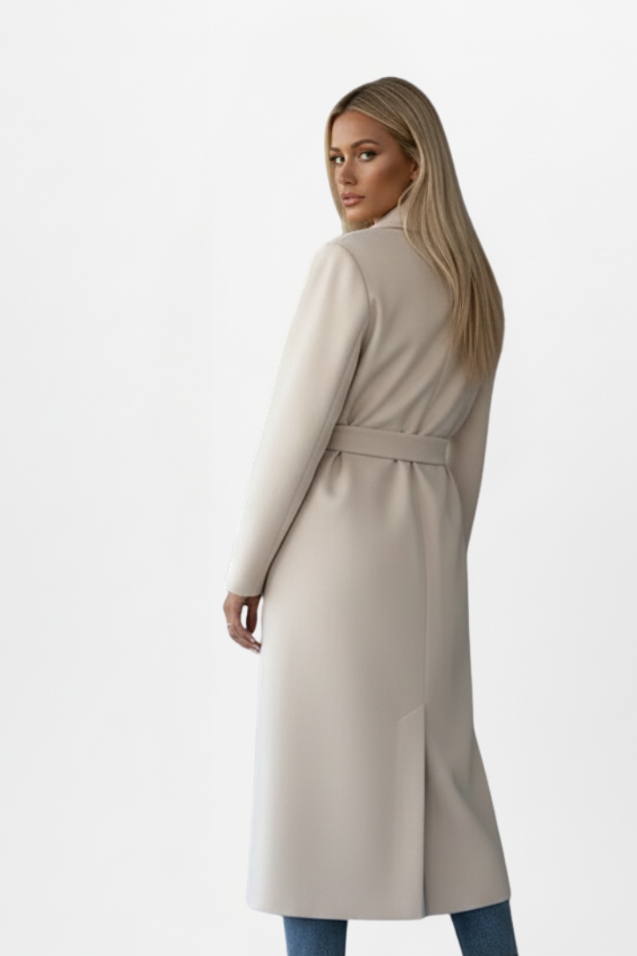 Women’s long taupe coat with waist belt and notched lapels, double-breasted front