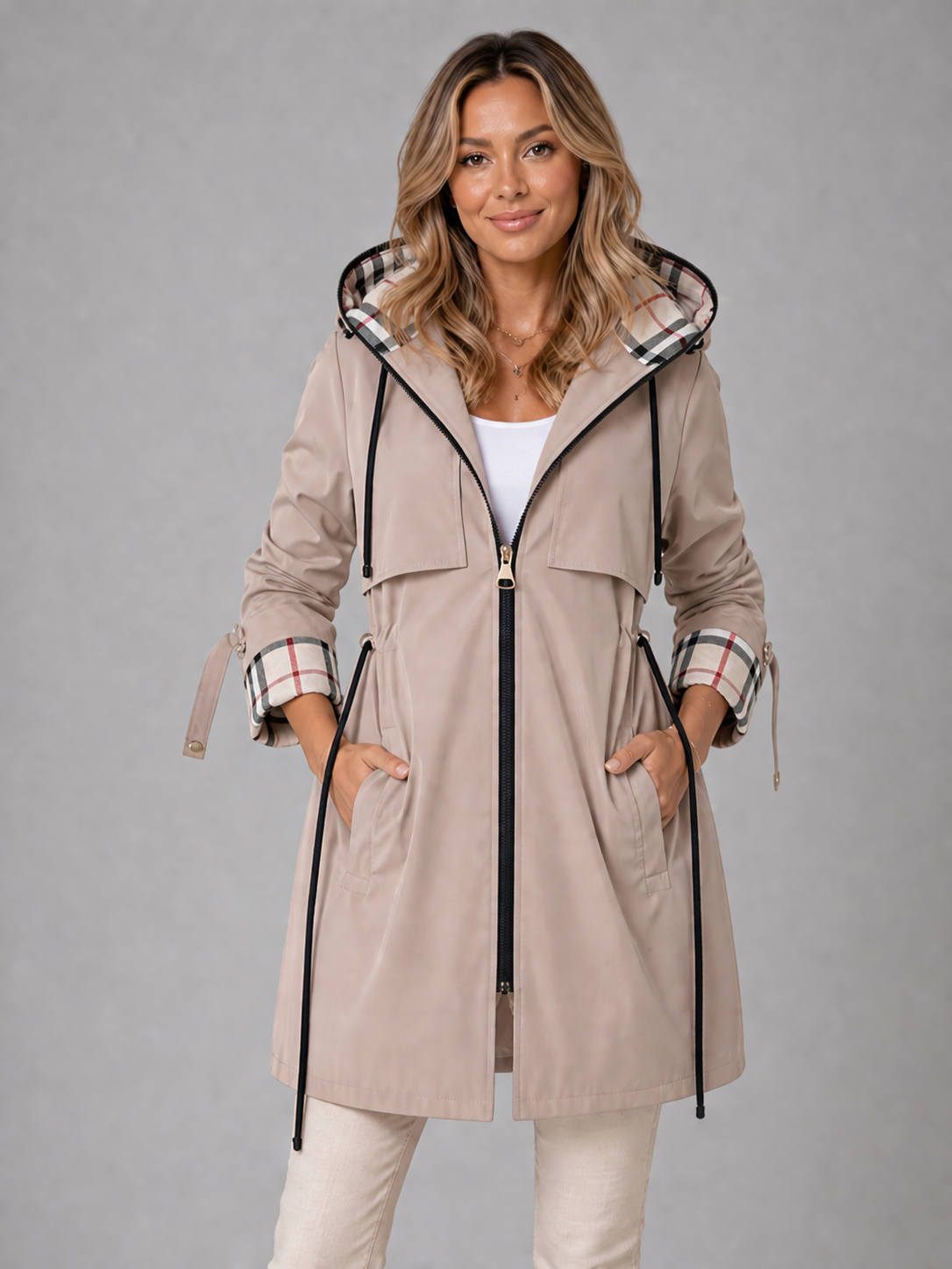 Women’s hooded long rain jacket, tan, front zip, plaid-lined hood, adjustable waist