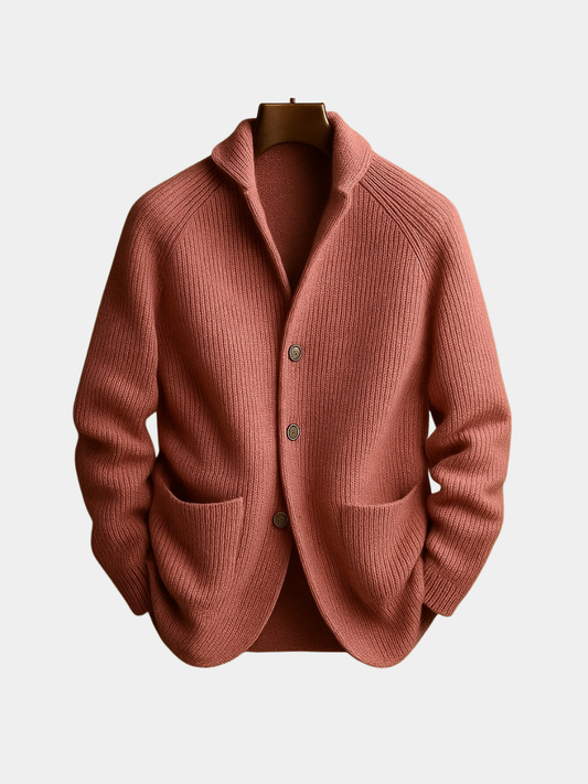 Men's ribbed wool cardigan, pink, button-front with two front pockets.