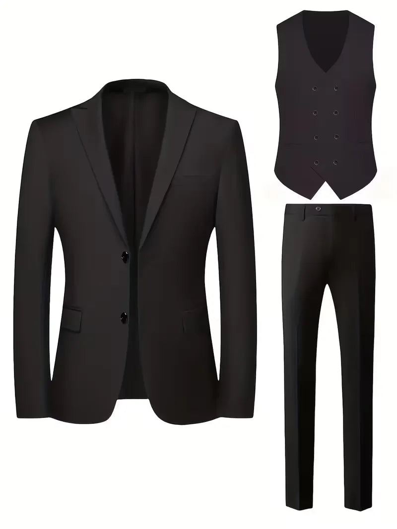 Black slim-fit blazer, waistcoat, and trousers set—flat lay front views