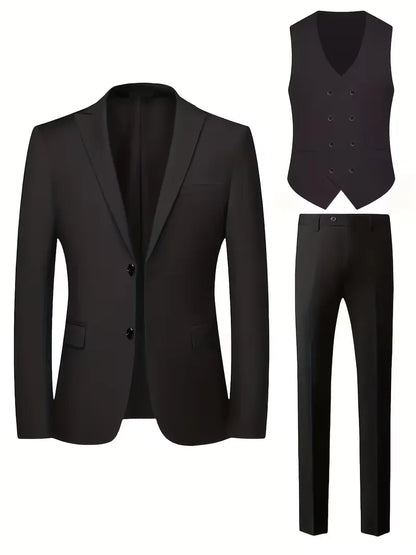 Black slim-fit blazer, waistcoat, and trousers set—flat lay front views