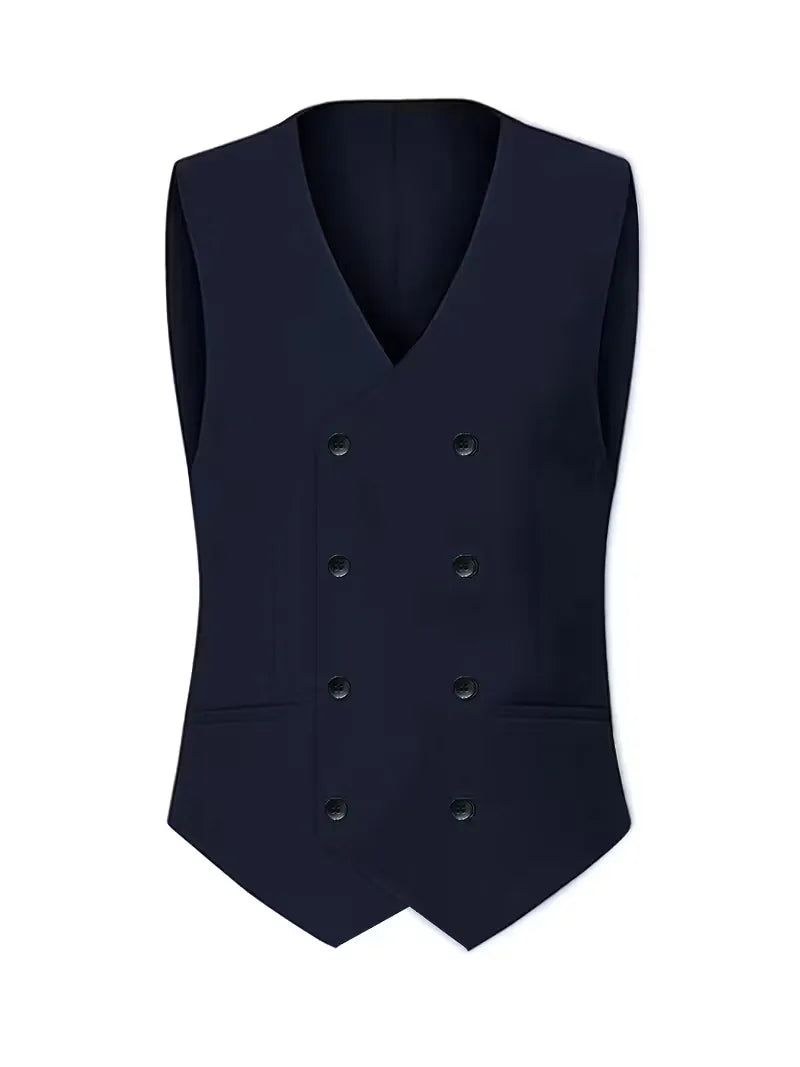 Navy waistcoat with double-breasted button layout and notch lapels