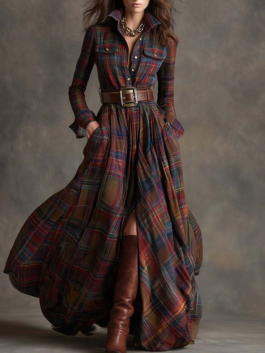 Plaid shirt dress in reddish brown with long sleeves, buttons, and wide waist belt