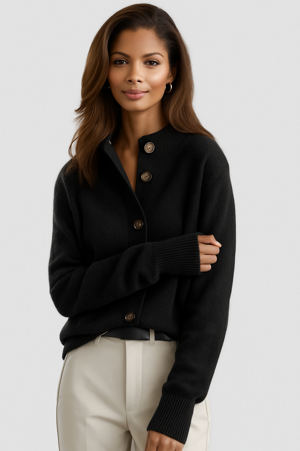 Black button cardigan with notch collar and three-button placket, long sleeves