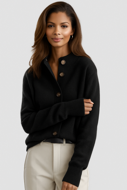 Black button cardigan with notch collar and three-button placket, long sleeves