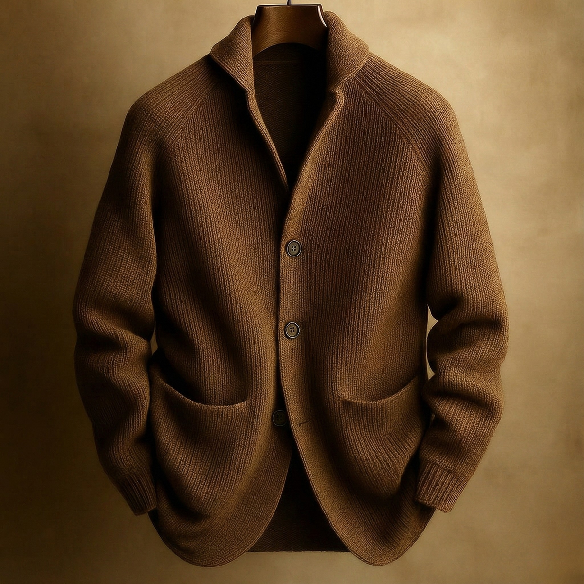Men's ribbed wool cardigan, brown, button-front and two patch pockets.