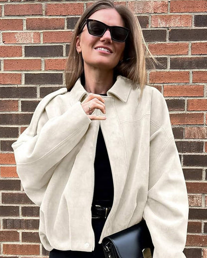 Women’s faux suede bomber jacket, white suede-like collar and zip front, cropped view