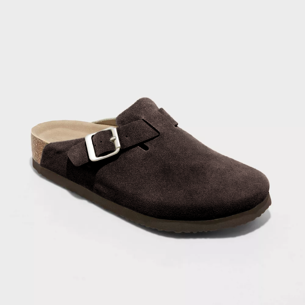 Dark brown suede clog with adjustable buckle strap and textured rubber sole