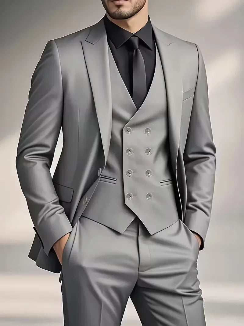 Men's light-gray slim-fit three-piece suit set with waistcoat and trousers