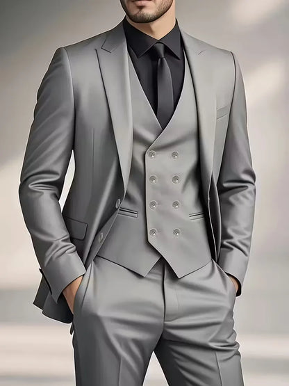 Men's light-gray slim-fit three-piece suit set with waistcoat and trousers
