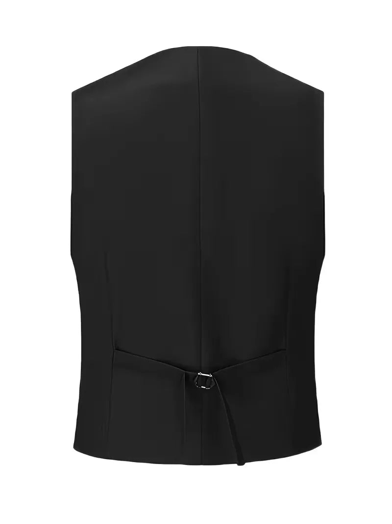 Black waistcoat back view with center seam and adjustable belt strap