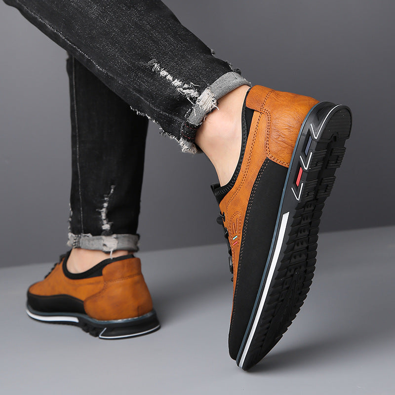 Camel brown premium comfort shoes, side view with chunky black sole and laces