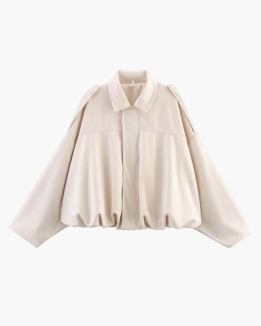 Faux suede collared bomber jacket, off-white, front zipper and roomy draped fit