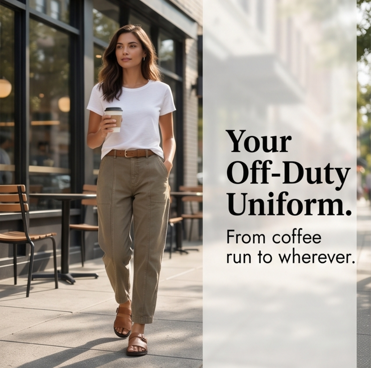 Warm khaki utility pants with tapered leg, belt loops, and visible front pocket