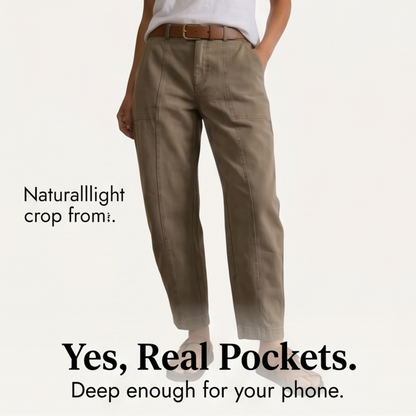 Deep olive utility pants featuring cargo-style pocket and stitched seams