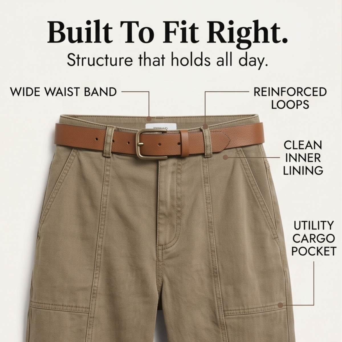 Warm khaki utility cargo pants with reinforced loops, inner lining, and side pocket