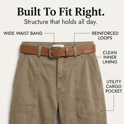 Warm khaki utility cargo pants with reinforced loops, inner lining, and side pocket