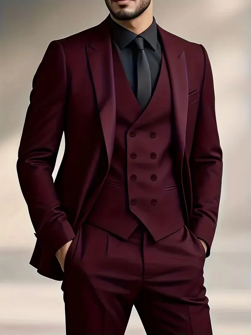 Men's burgundy three-piece suit set with black shirt and tie, tailored slim fit