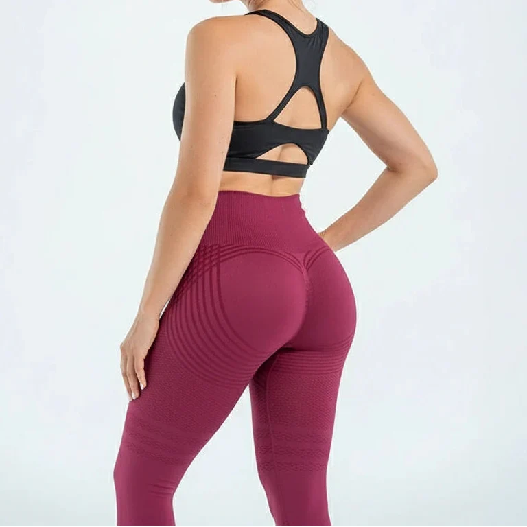 Women's anti-cellulite leggings in burgundy with sculpting ribbed pattern