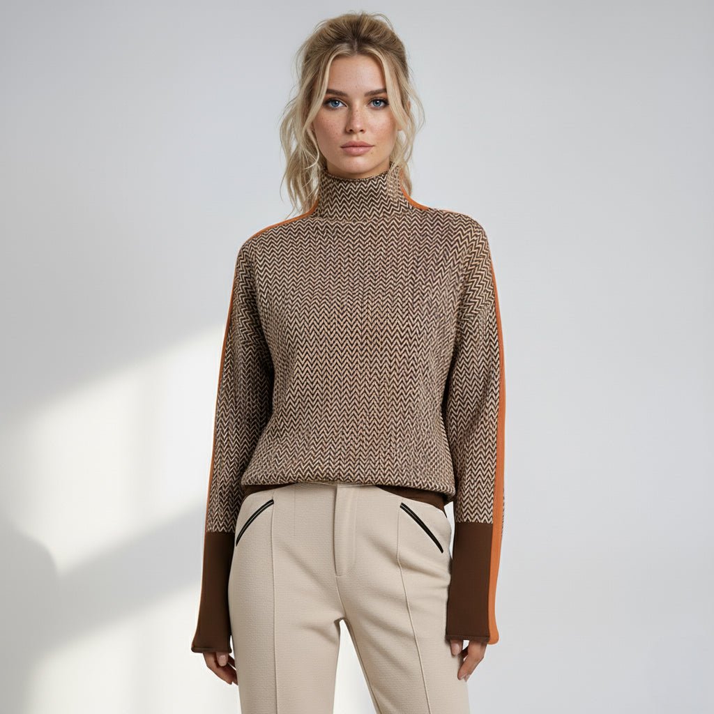 Orange-brown chevron turtleneck sweater with contrasting stripe trim at cuffs