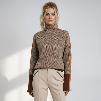 Orange-brown chevron turtleneck sweater with contrasting stripe trim at cuffs