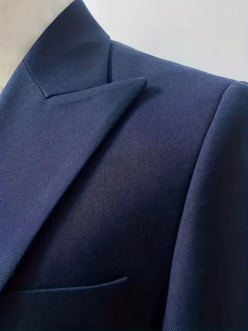Navy suit fabric swatch with fine texture