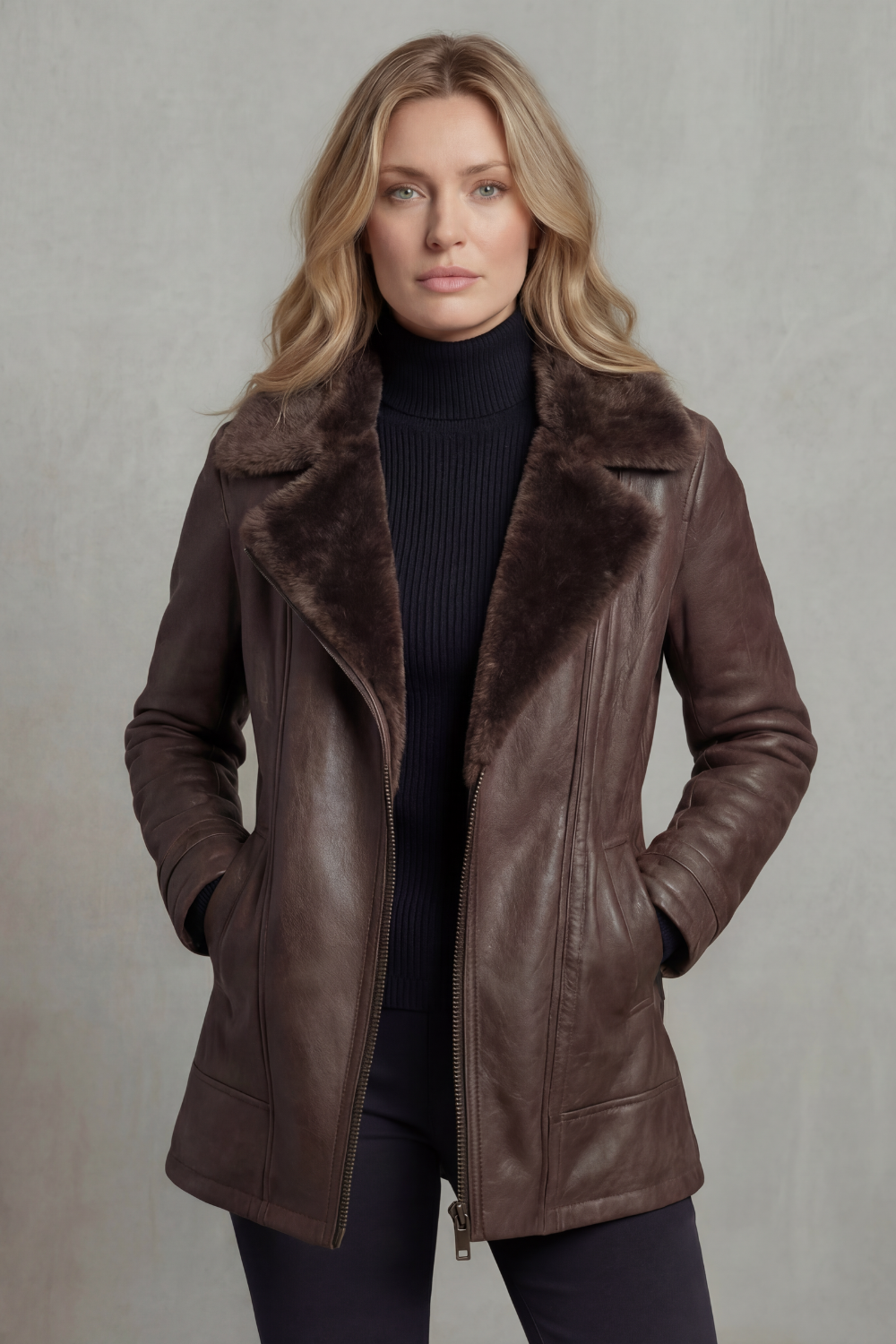 Brown leather shearling-lined jacket, zip front and side pockets, long sleeves