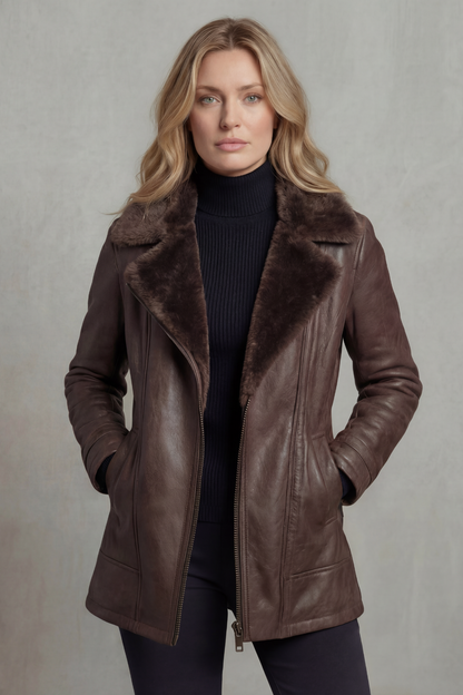 Brown leather shearling-lined jacket, zip front and side pockets, long sleeves
