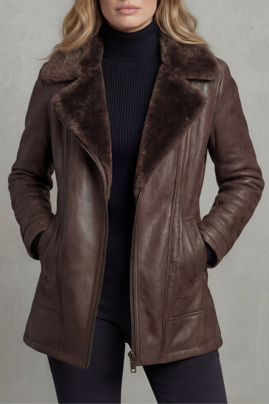 Brown leather jacket with shearling-lined collar and front zip, long sleeves