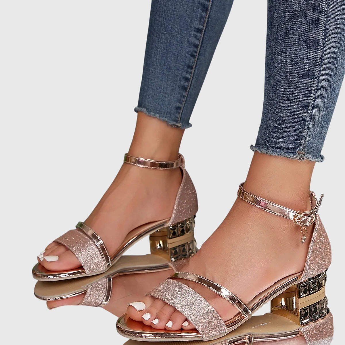 Alison orthopedic heeled sandals, rose-gold glitter with double straps and square block heel