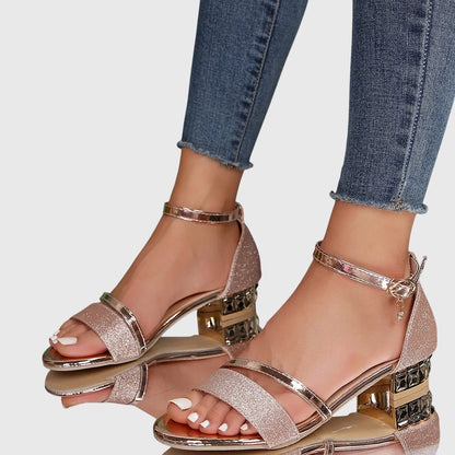 Alison orthopedic heeled sandals, rose-gold glitter with double straps and square block heel